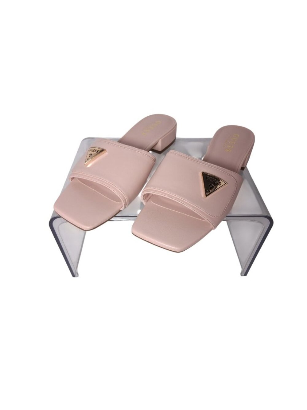Guess Womens Pink Slide Sandals With Gold Logo Accent & Square Toe Design